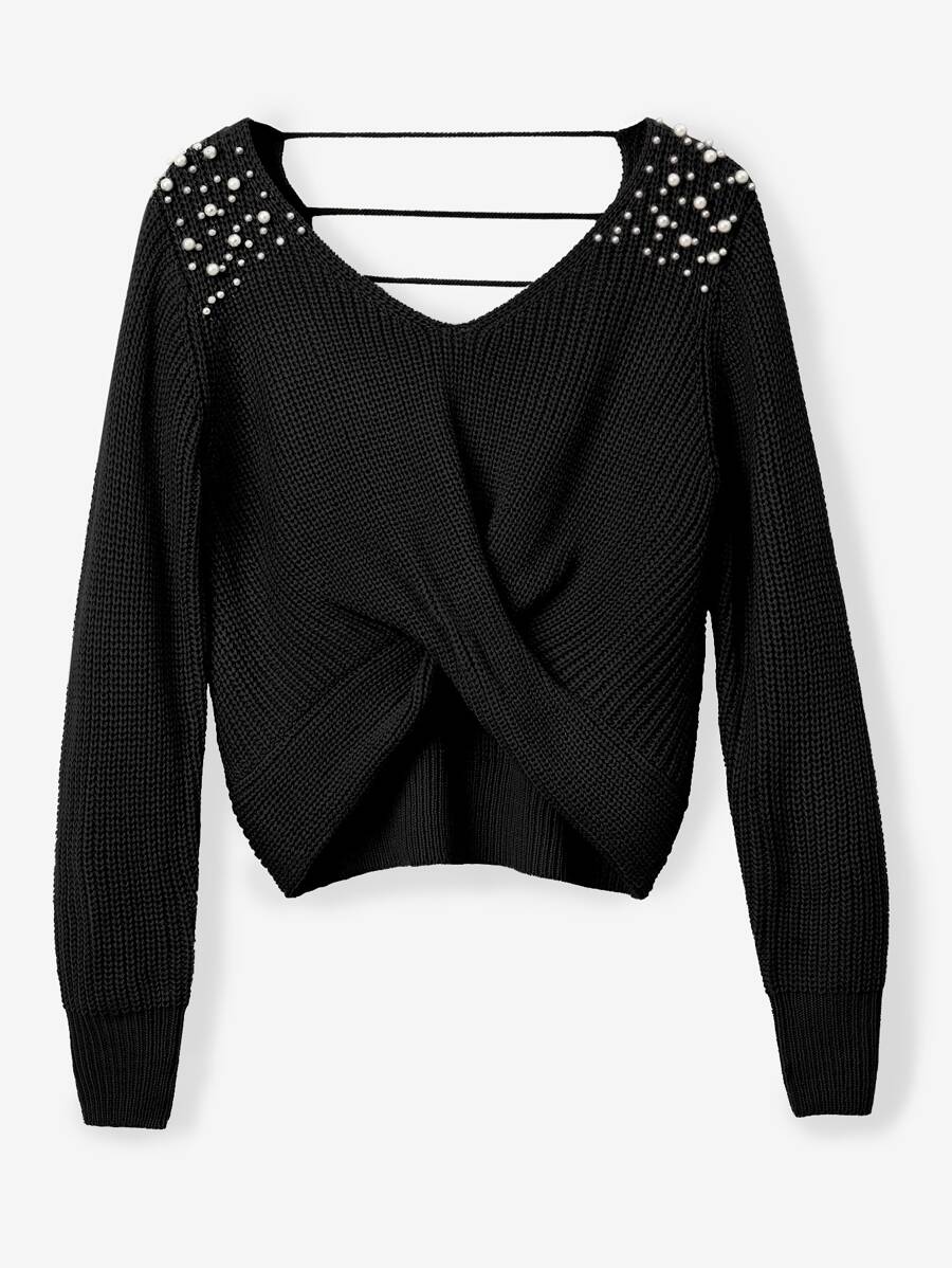 Jersey con cuenta de perla con abertura trasera cruzado - Negro - Ver 1