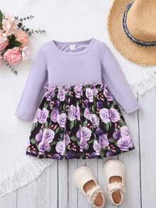 Baby Floral Print Frill Trim Dress - Multicolor - View 1