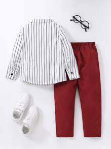 SHEIN 男小童條紋圖案前蝴蝶結二合一襯衫和褲子 - 紅白色 - 查看 2