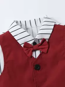 SHEIN 男小童條紋圖案前蝴蝶結二合一襯衫和褲子 - 紅白色 - 查看 3