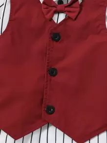 SHEIN 男小童條紋圖案前蝴蝶結二合一襯衫和褲子 - 紅白色 - 查看 4