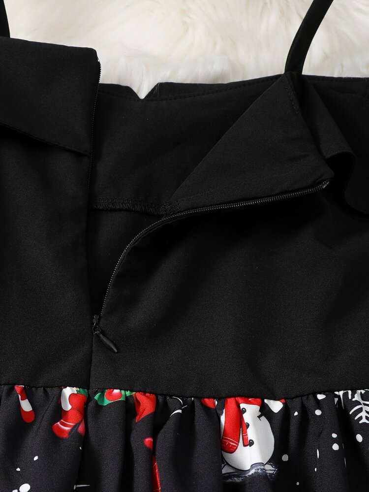 Tween Girls Christmas Print Party Dress - Black - View 4