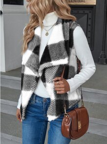SHEIN LUNE Buffalo Plaid Print Open Front Teddy Vest Coat - Black and White - View 1