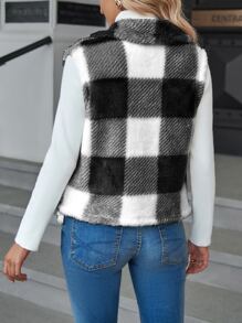 SHEIN LUNE Buffalo Plaid Print Open Front Teddy Vest Coat - Black and White - View 2