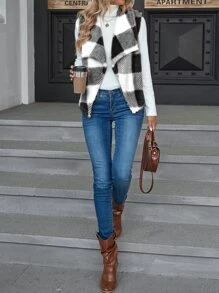 SHEIN LUNE Buffalo Plaid Print Open Front Teddy Vest Coat - Black and White - View 4
