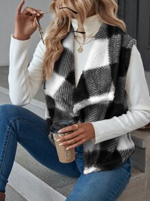 SHEIN LUNE Buffalo Plaid Print Open Front Teddy Vest Coat - Black and White - View 5
