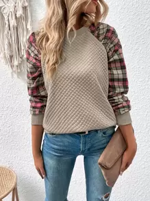 SHEIN LUNE Sudadera de cuadros de manga raglán - Albaricoque - Ver 1