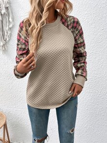 SHEIN LUNE Sudadera de cuadros de manga raglán - Albaricoque - Ver 6