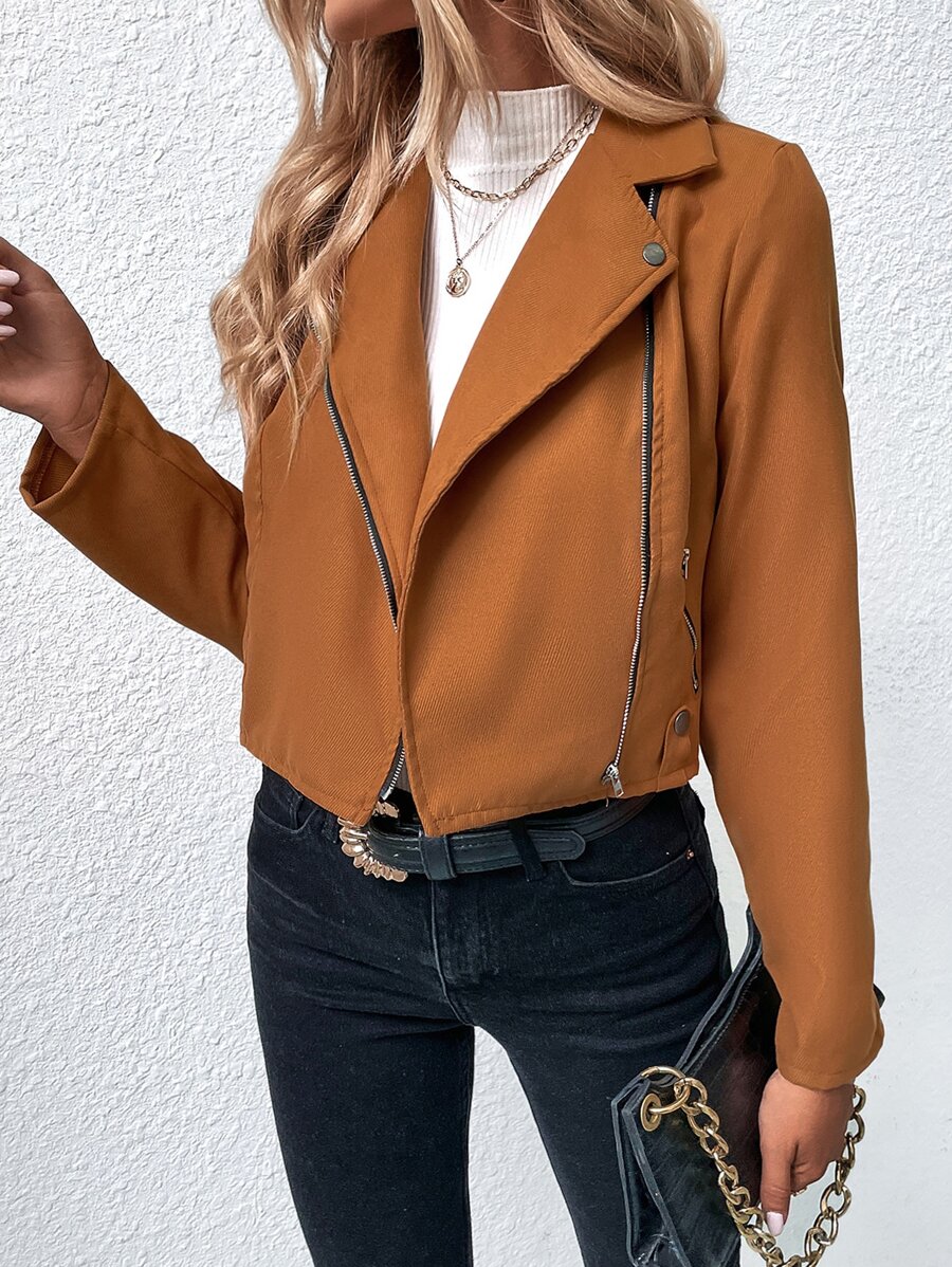 Zip Detail Lapel Neck PU Moto Jacket