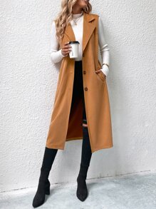 Lapel Collar Single Breasted Vest Coat - Brown - View 3