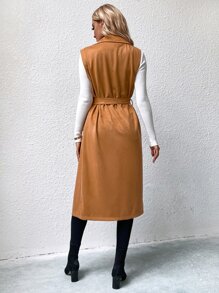 Lapel Collar Single Breasted Vest Coat - Brown - View 2