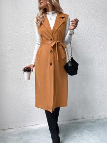 Lapel Collar Single Breasted Vest Coat - Brown - View 1