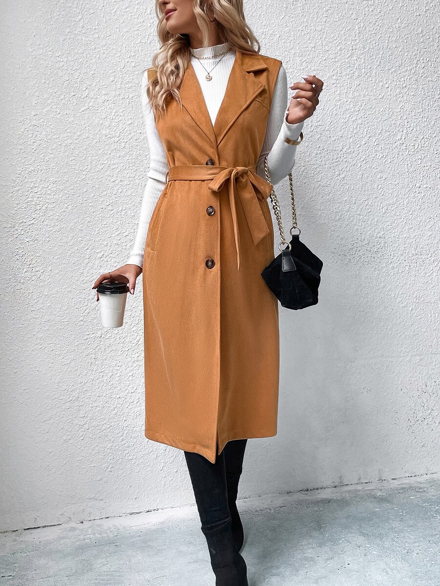 Lapel Collar Single Breasted Vest Coat - Brown - View 1