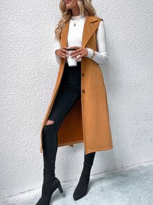 Lapel Collar Single Breasted Vest Coat - Brown - View 4