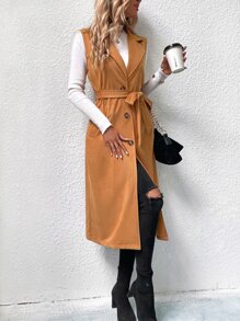 Lapel Collar Single Breasted Vest Coat - Brown - View 6