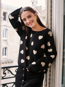 SHEIN Frenchy Áo len nữ Tim Giải trí - màu đen - Xem 7