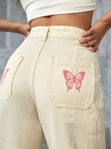 Quần jean In bướm - Màu be - Xem 4