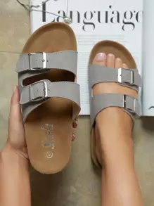 SHUZIA 女士鞋履 双扣软木鞋床拖鞋 女士炭灰色绒面时尚平底凉鞋 - 灰色 - 查看 3