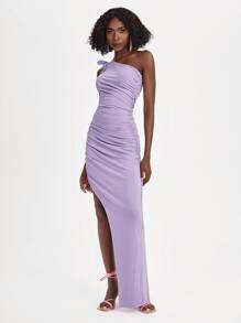 VICTOR VON SCHWARZ Knot One Shoulder Ruched Split Thigh Dress - Lilac Purple - View 3