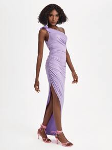 VICTOR VON SCHWARZ Knot One Shoulder Ruched Split Thigh Dress - Lilac Purple - View 5