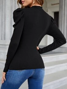SHEIN Privé Gigot Sleeve Button Detail Top - Black - View 2