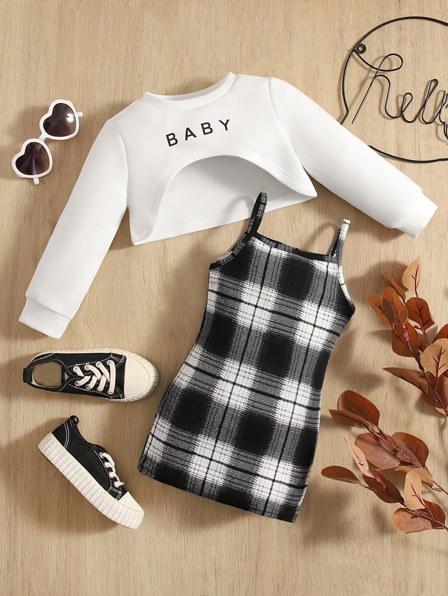 SHEIN Leap Crew Baby Girl Letter Graphic High Low Hem Top & Plaid Cami Dress, For Christmas - Black and White - View 1