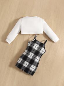 SHEIN Leap Crew Baby Girl Letter Graphic High Low Hem Top & Plaid Cami Dress, For Christmas - Black and White - View 2