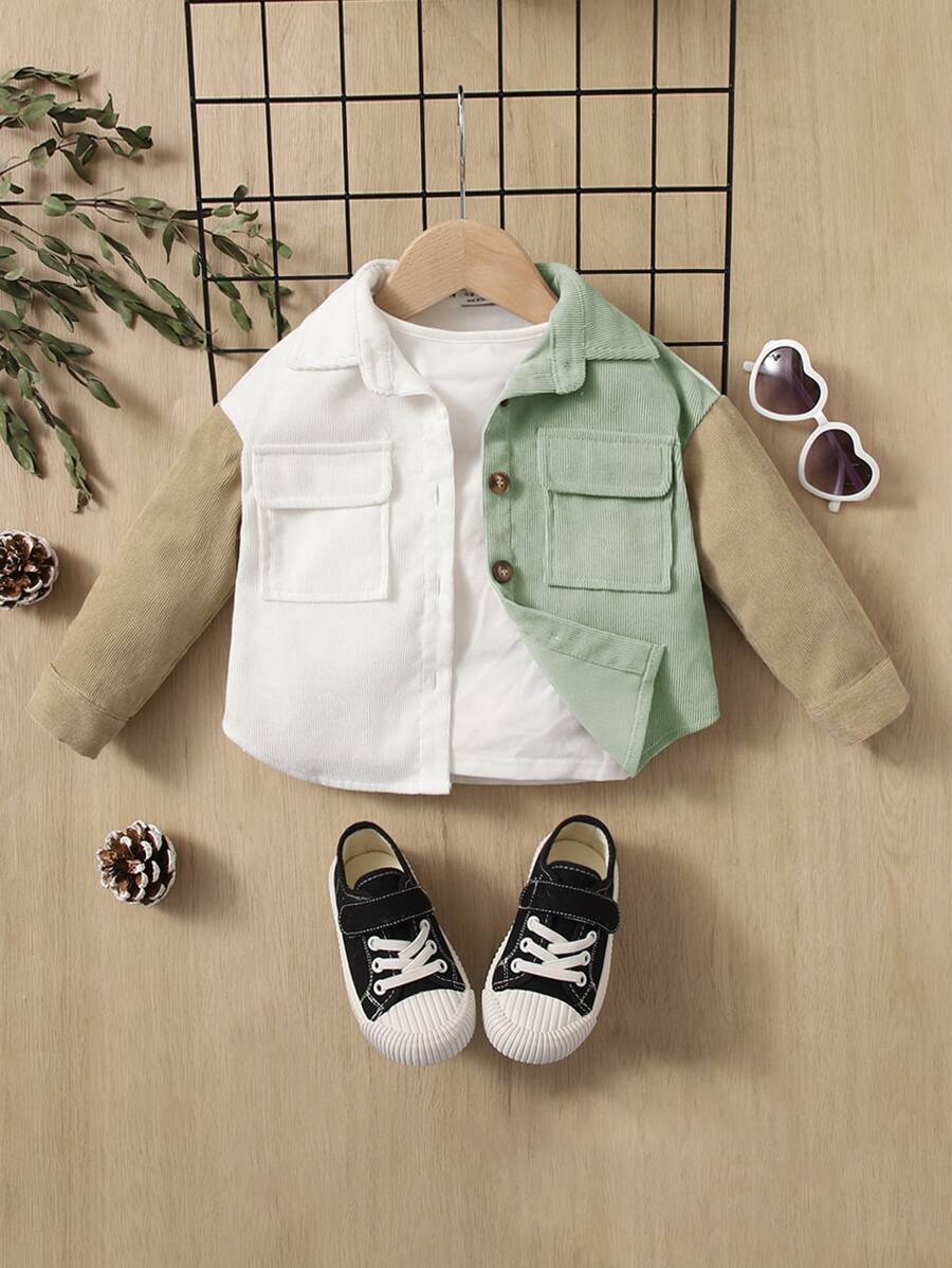 SHEIN 嬰兒撞色翻蓋口袋夾克不帶T恤 - 彩色 - 查看 1