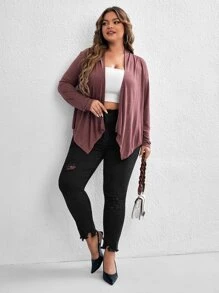 SHEIN LUNE 大碼開門襟不對稱下擺夾克 - 紅木色 - 查看 4