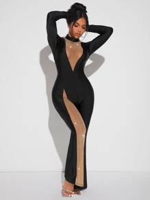 SHEIN SXY Mesh Insert Rhinestone Detail Mock Neck Flare Leg Jumpsuit - Black - View 4