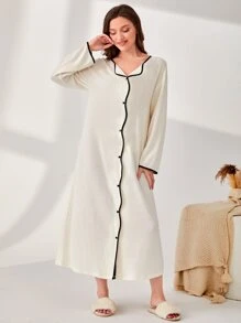 SHEIN Unity Contrast Binding Button Front Nightdress - Beige - View 1