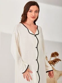 SHEIN Unity Contrast Binding Button Front Nightdress - Beige - View 4