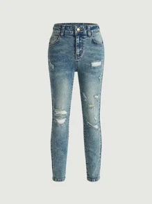 SHEIN Boys Bleach Wash Ripped Frayed Straight Leg Jeans