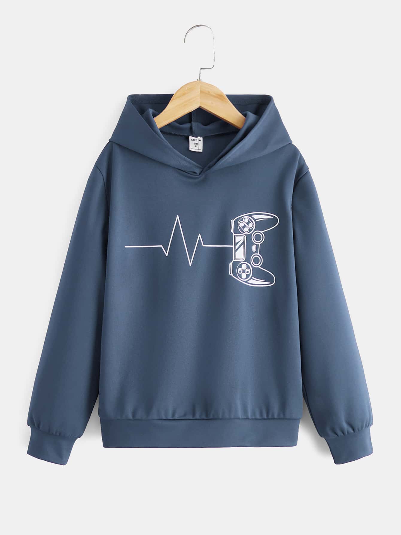 SHEIN Tween男孩遊戲手柄印刷連帽運動休閒衛衣,適合春秋日常穿著