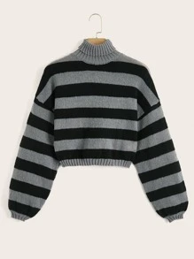 ROMWE Fairycore Striped High Neck Crop Sweater - Multicolor - View 1