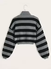 ROMWE Fairycore Striped High Neck Crop Sweater - Multicolor - View 2