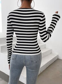 Striped Pattern Twist Front Cut Out Jumper - Black and White - View 2