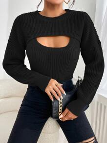 SHEIN Essnce Drop Shoulder Crop Shrug Jumper & Tank Knit Top - Black - View 1