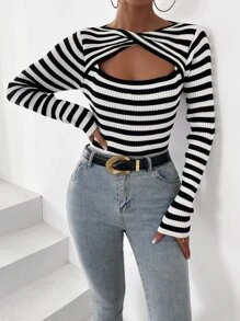 Striped Pattern Twist Front Cut Out Jumper - Black and White - View 5