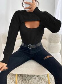 SHEIN Essnce Drop Shoulder Crop Shrug Jumper & Tank Knit Top - Black - View 6