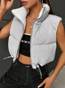 Muchica Apricot-Color Fuzzy Ladies' Winter Zip Vest Barn Jacket - Grey - View 3