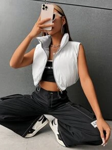 Muchica Apricot-Color Fuzzy Ladies' Winter Zip Vest Barn Jacket - Grey - View 4