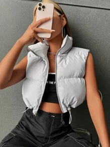 Muchica Apricot-Color Fuzzy Ladies' Winter Zip Vest Barn Jacket - Grey - View 5