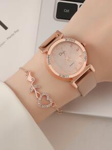 DISU 1pc Rhinestone Decor Quartz Watch & 1pc Bracelet Holiday As A Gift For Students Returning To School