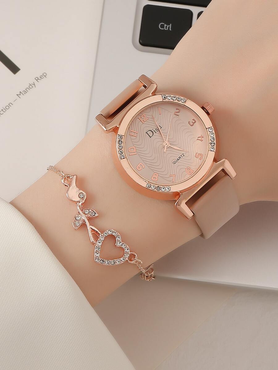 DISU 1pc Rhinestone Decor Quartz Watch & 1pc Bracelet Holiday As A Gift For Students Returning To School