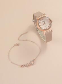 DISU 1pc Rhinestone Decor Quartz Watch & 1pc Bracelet Holiday As A Gift For Students Returning To School