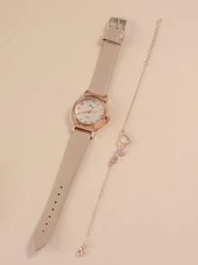 DISU 1pc Rhinestone Decor Quartz Watch & 1pc Bracelet Holiday As A Gift For Students Returning To School