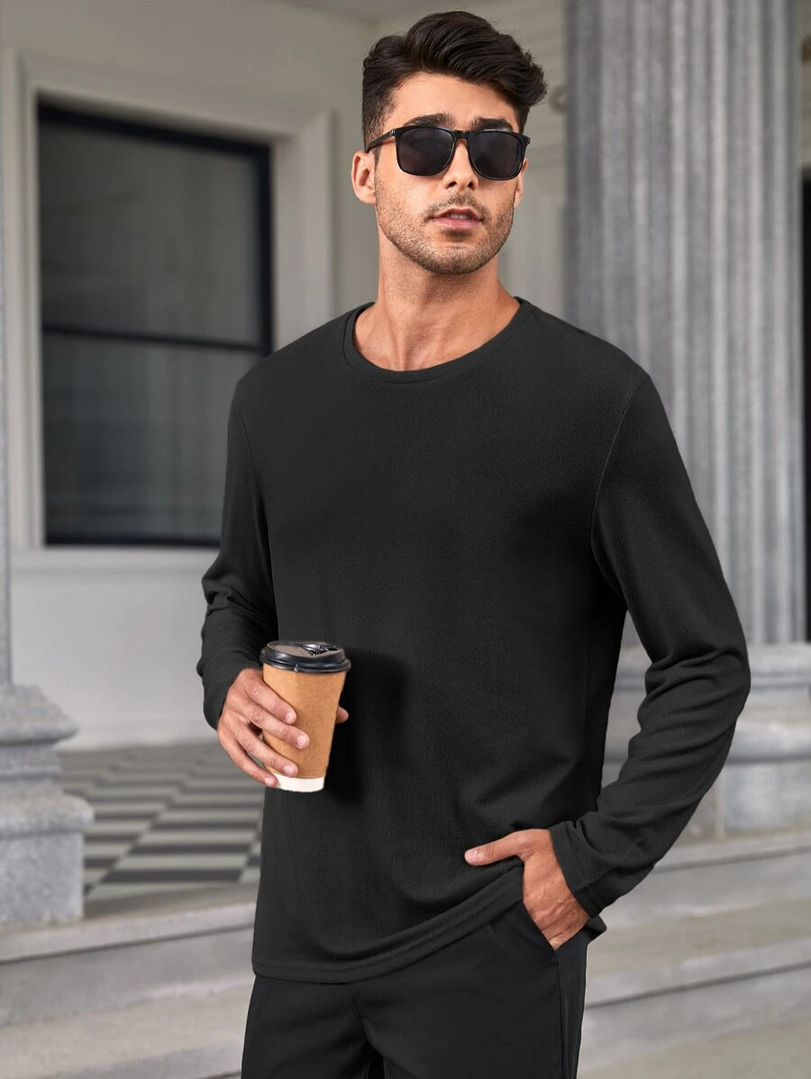 Manfinity Homme 男士素色圓領T恤 - 黑色 - 查看 1