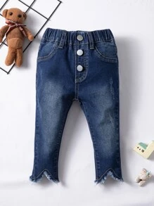 Baby Raw Trim Cat Scratch Asymmetrical Hem Jeans - Dark Wash - View 1