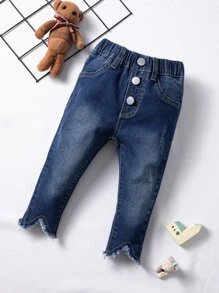 Baby Raw Trim Cat Scratch Asymmetrical Hem Jeans - Dark Wash - View 3